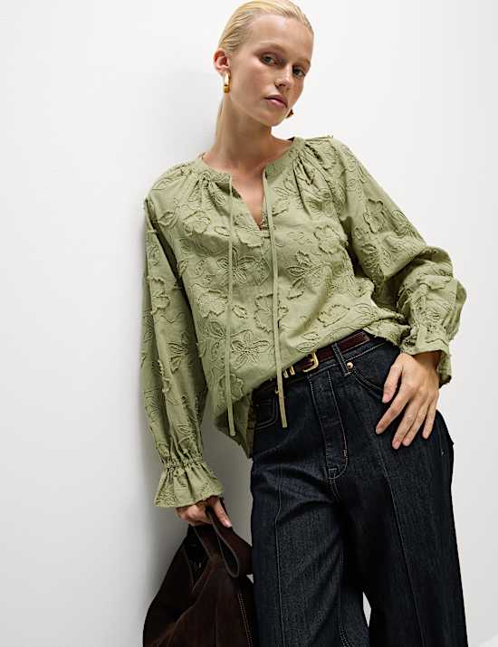 Pure Cotton Appliqué Tie Neck Blouse