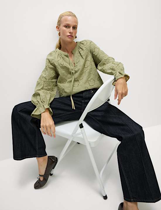 Pure Cotton Appliqué Tie Neck Blouse