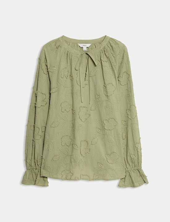 Pure Cotton Appliqué Tie Neck Blouse