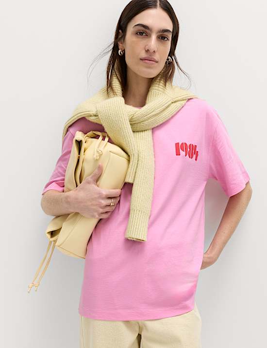 Camiseta maxi con escote cerrado y estampado 100 % algod&oacute;n