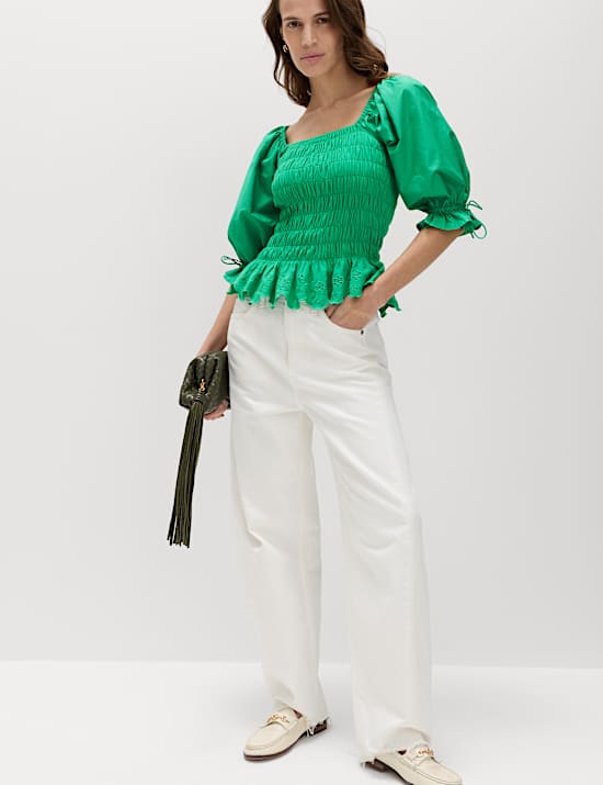 Pure Cotton Shirred Puff Sleeve Top