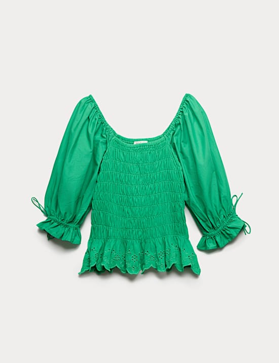 Pure Cotton Shirred Puff Sleeve Top