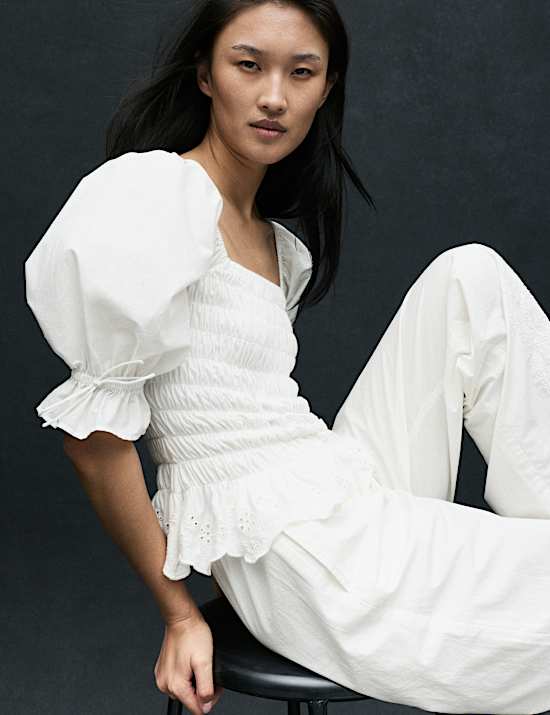 Top 100 % coton fronc&eacute; &agrave; manches bouffantes