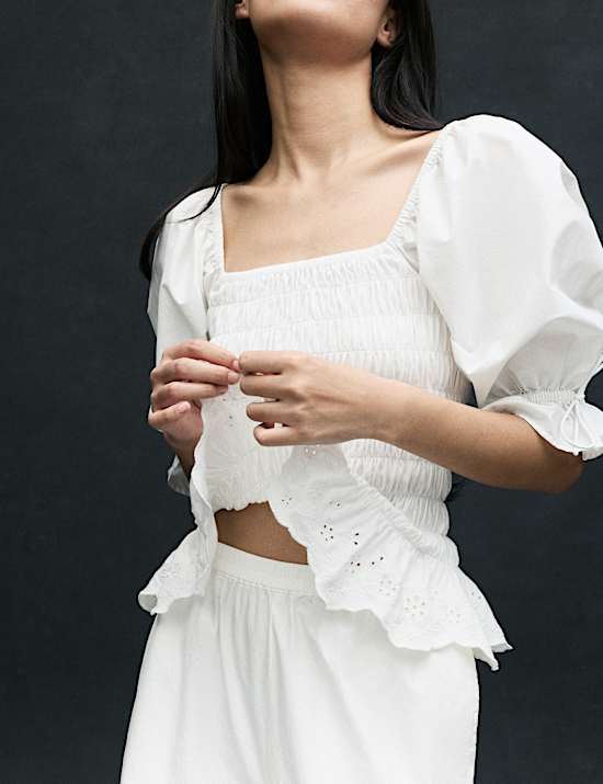 Top 100 % coton fronc&eacute; &agrave; manches bouffantes