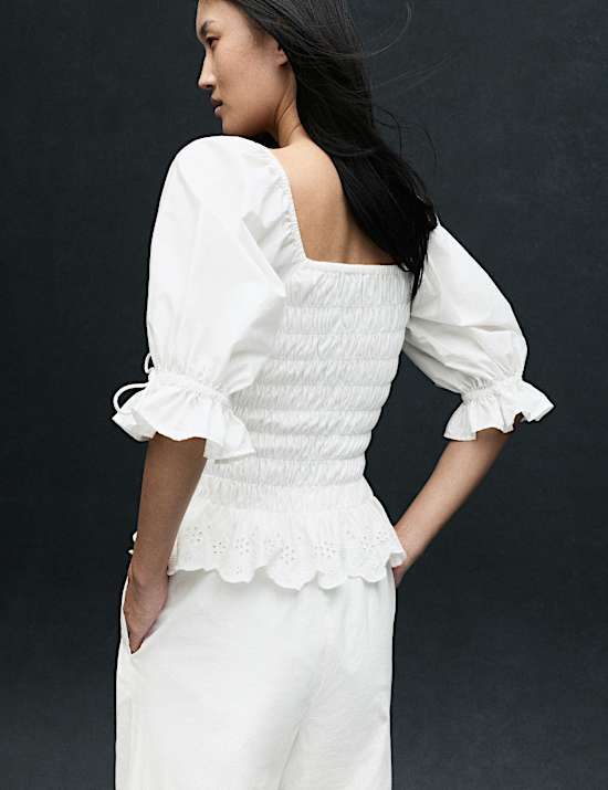 Top 100 % coton fronc&eacute; &agrave; manches bouffantes