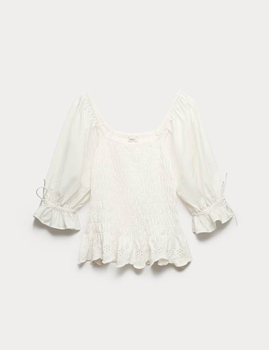 Top 100 % coton fronc&eacute; &agrave; manches bouffantes