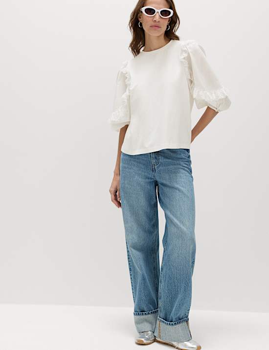 Cotton Rich Ruffle Sleeve Top