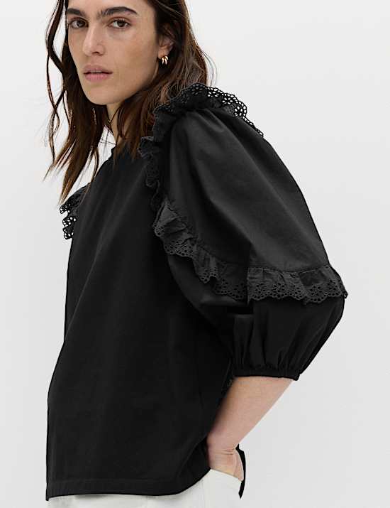 Cotton Rich Ruffle Sleeve Top
