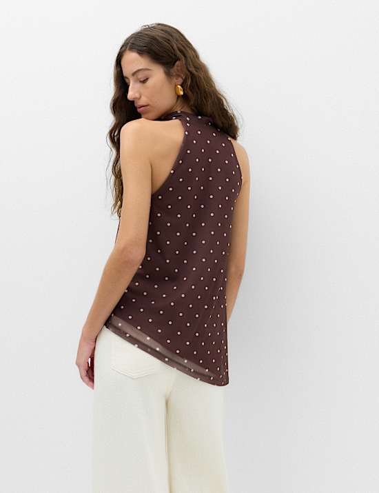 Mesh Polka Dot Cowl Neck Asymmetric Drape Vest