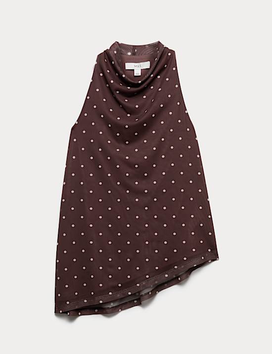 Mesh Polka Dot Cowl Neck Asymmetric Drape Vest