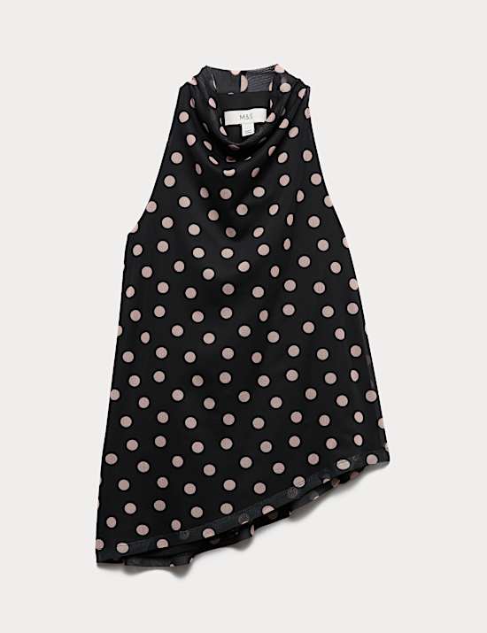 Mesh Polka Dot Cowl Neck Asymmetric Drape Vest