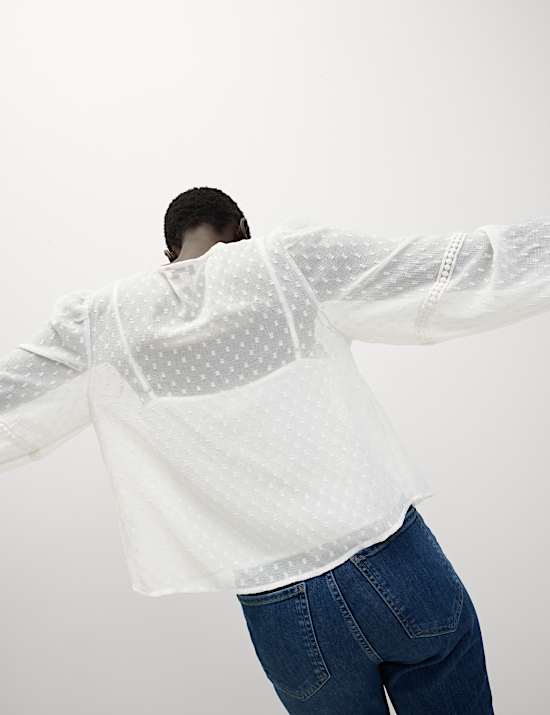 Dobby Textured V-Neck Long Sleeve Blouse