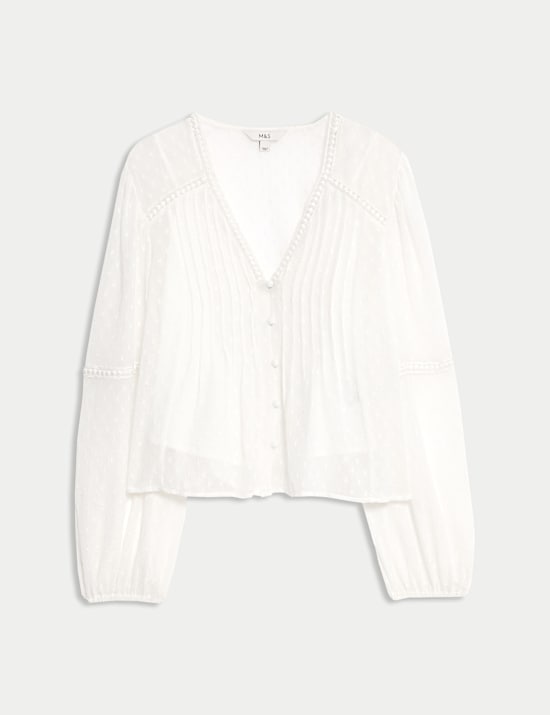 Dobby Textured V-Neck Long Sleeve Blouse