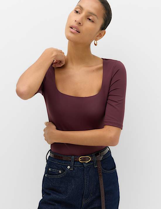 Square Neck Half Sleeve Fitted Bodysuit