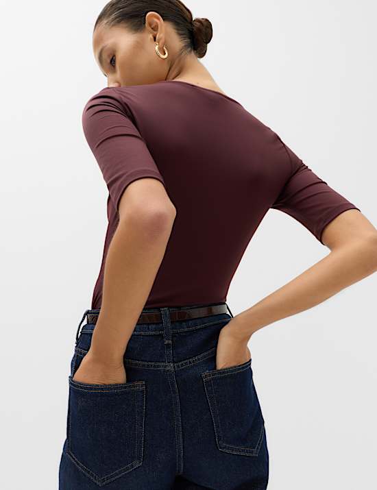 Square Neck Half Sleeve Fitted Bodysuit