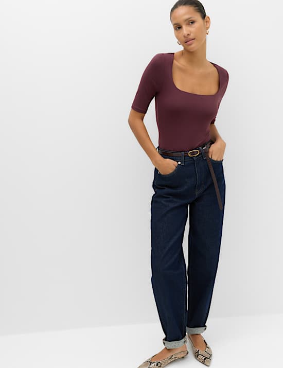Square Neck Half Sleeve Fitted Bodysuit