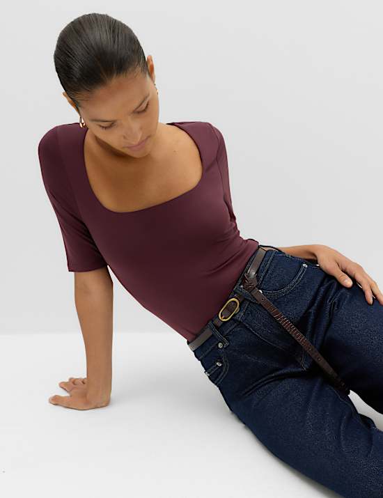 Square Neck Half Sleeve Fitted Bodysuit