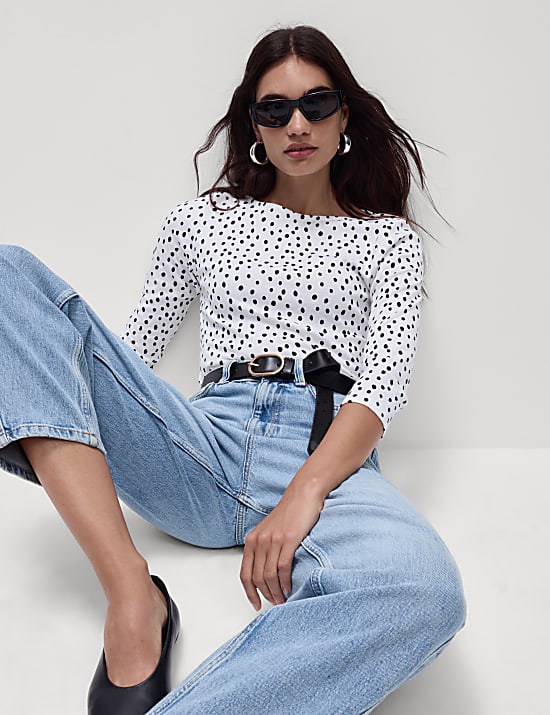 Pure Cotton Printed Slim Fit Slash Neck Top