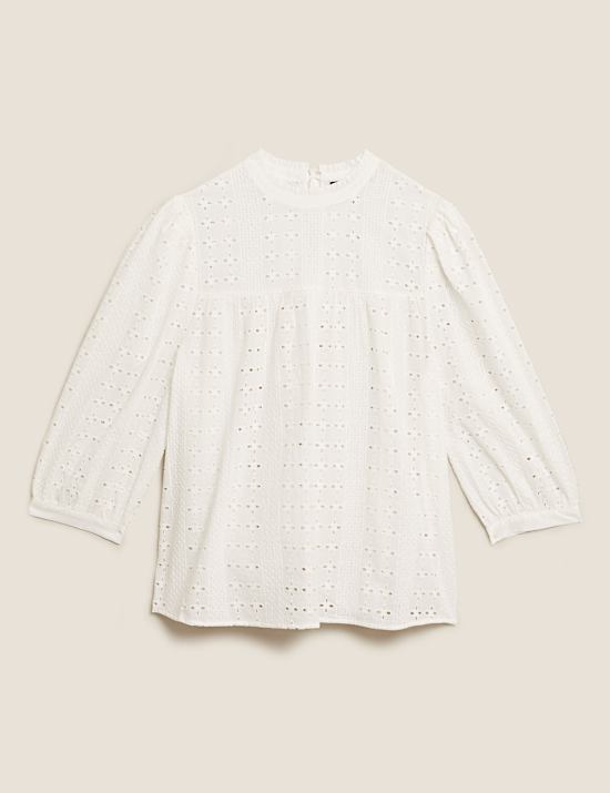 Kurzarmbluse aus reiner Baumwolle mit Lochstickerei