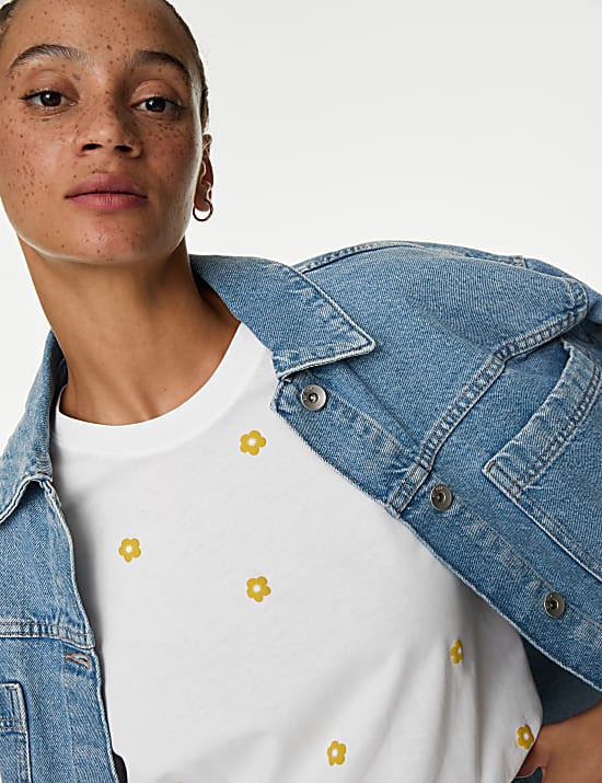 Pure Cotton Boxy Embroidered Floral T-Shirt