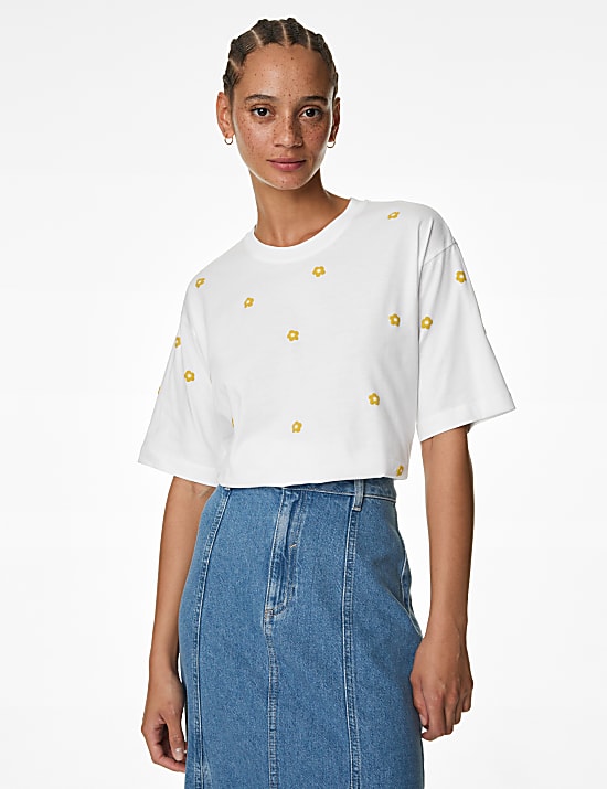 Pure Cotton Boxy Embroidered Floral T-Shirt
