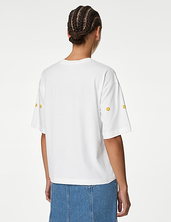 Pure Cotton Boxy Embroidered Floral T-Shirt
