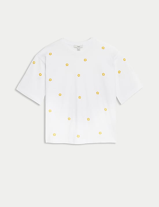 Pure Cotton Boxy Embroidered Floral T-Shirt