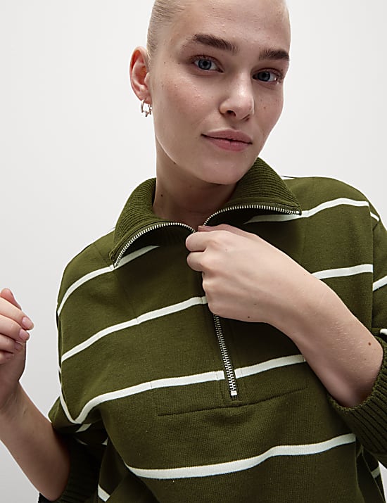 Cotton Rich Striped Half Zip Sweatshirt