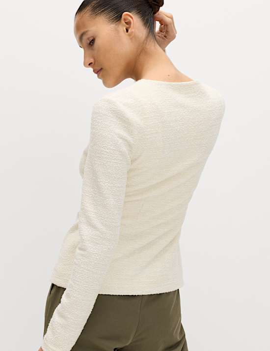 Textured Button Detail Peplum Top with Cotton