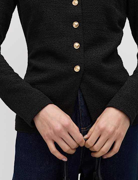 Textured Button Detail Peplum Top with Cotton