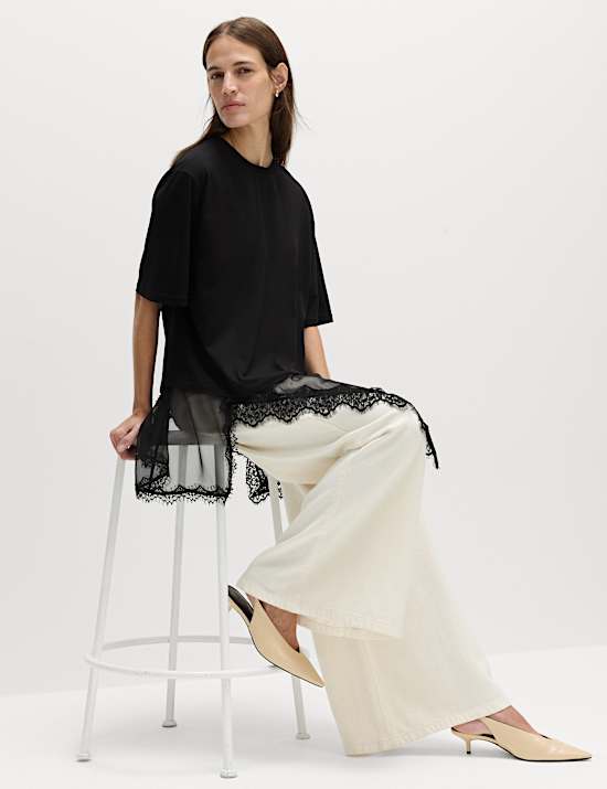 Cotton Blend Lace Hem Detail T-Shirt