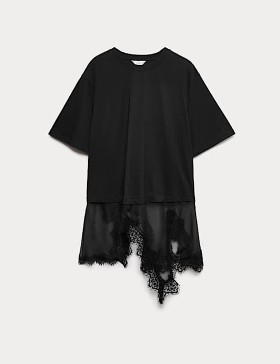 Cotton Blend Lace Hem Detail T-Shirt