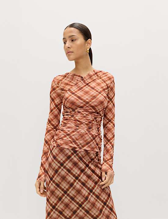 Mesh Jersey Checked V-Neck Wrap Top