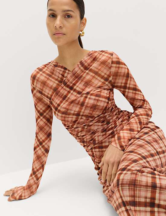 Mesh Jersey Checked V-Neck Wrap Top