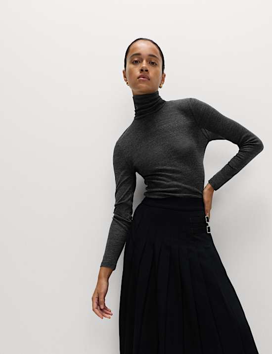 Funnel Neck Long Sleeve Slim Fit Top with Wool