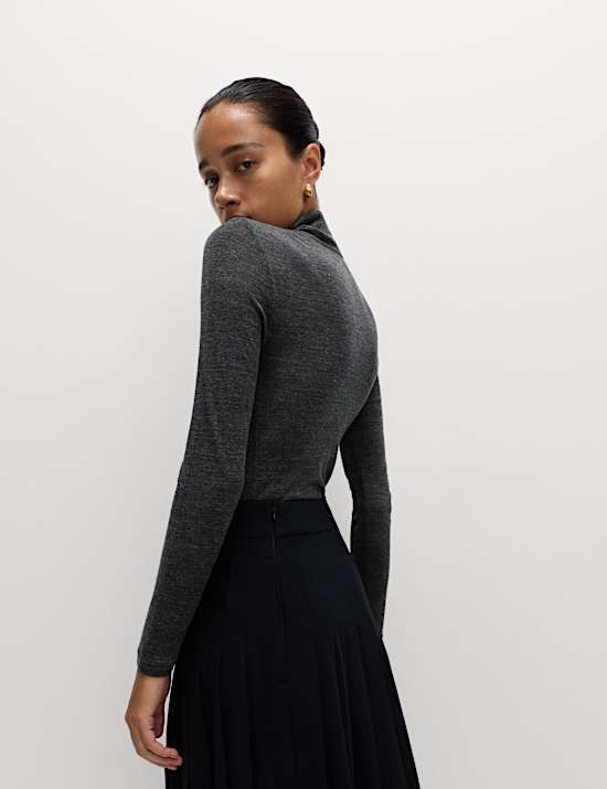 Funnel Neck Long Sleeve Slim Fit Top with Wool