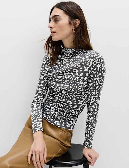 Funnel Neck Long Sleeve Slim Fit Top with Wool