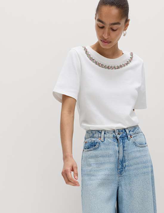Pure Cotton Floral Embellished T-Shirt