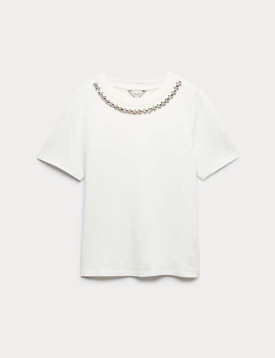 Pure Cotton Floral Embellished T-Shirt