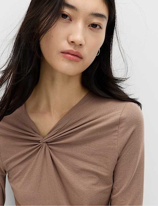 Cotton Blend Knotted Long Sleeve Top