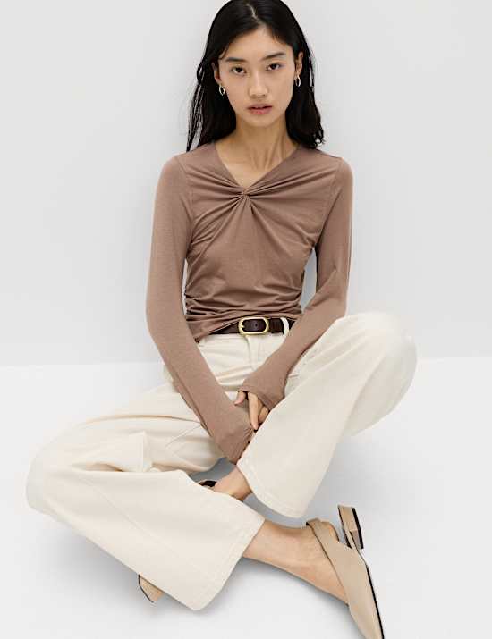 Cotton Blend Knotted Long Sleeve Top