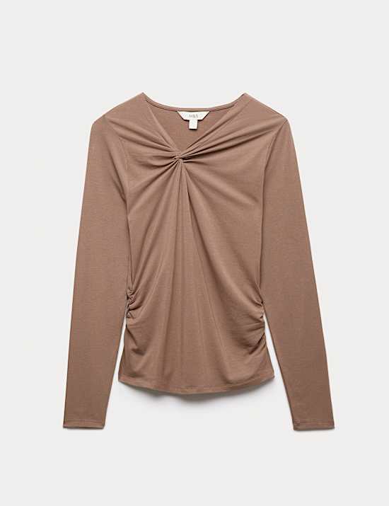 Cotton Blend Knotted Long Sleeve Top