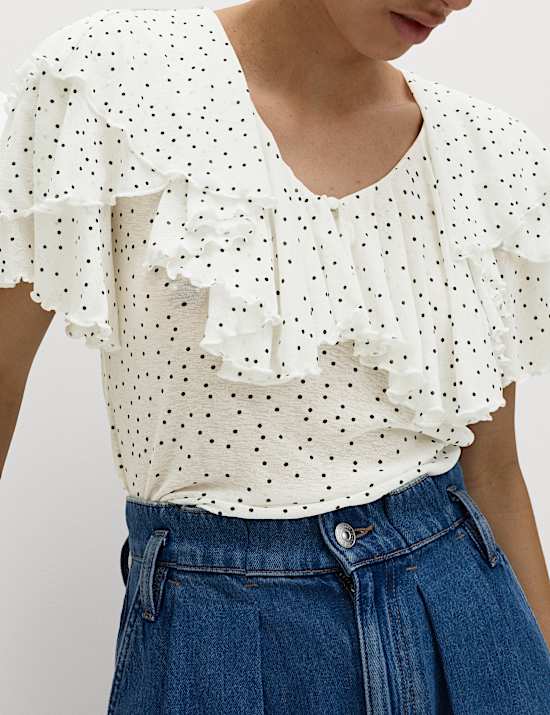 Polka Dot Ruffle V-Neck Top
