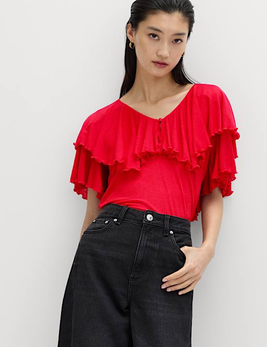 Ruffle Button Detail Relaxed Top