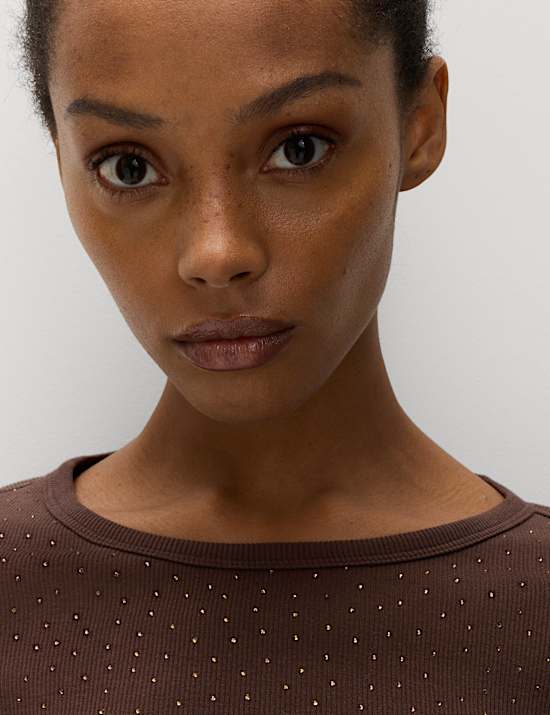 Katoenrijke geribbelde top met versiering