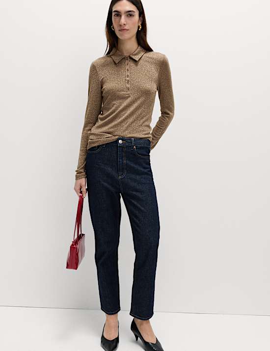 Sparkly Collared Button Detail Long Sleeve Top