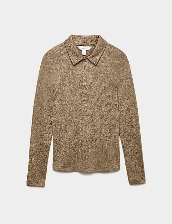 Sparkly Collared Button Detail Long Sleeve Top