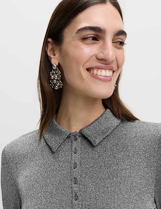 Sparkly Collared Button Detail Long Sleeve Top