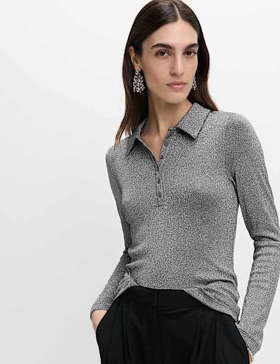 Sparkly Collared Button Detail Long Sleeve Top