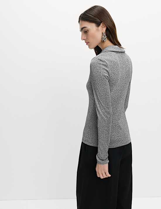 Sparkly Collared Button Detail Long Sleeve Top